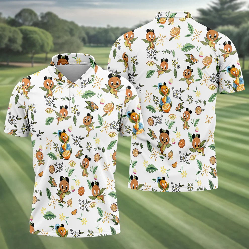 Orange Bird Floral Citrus Golf Polo Shirt, Printed Golf Shirts, Hawaiian Golf Shirt