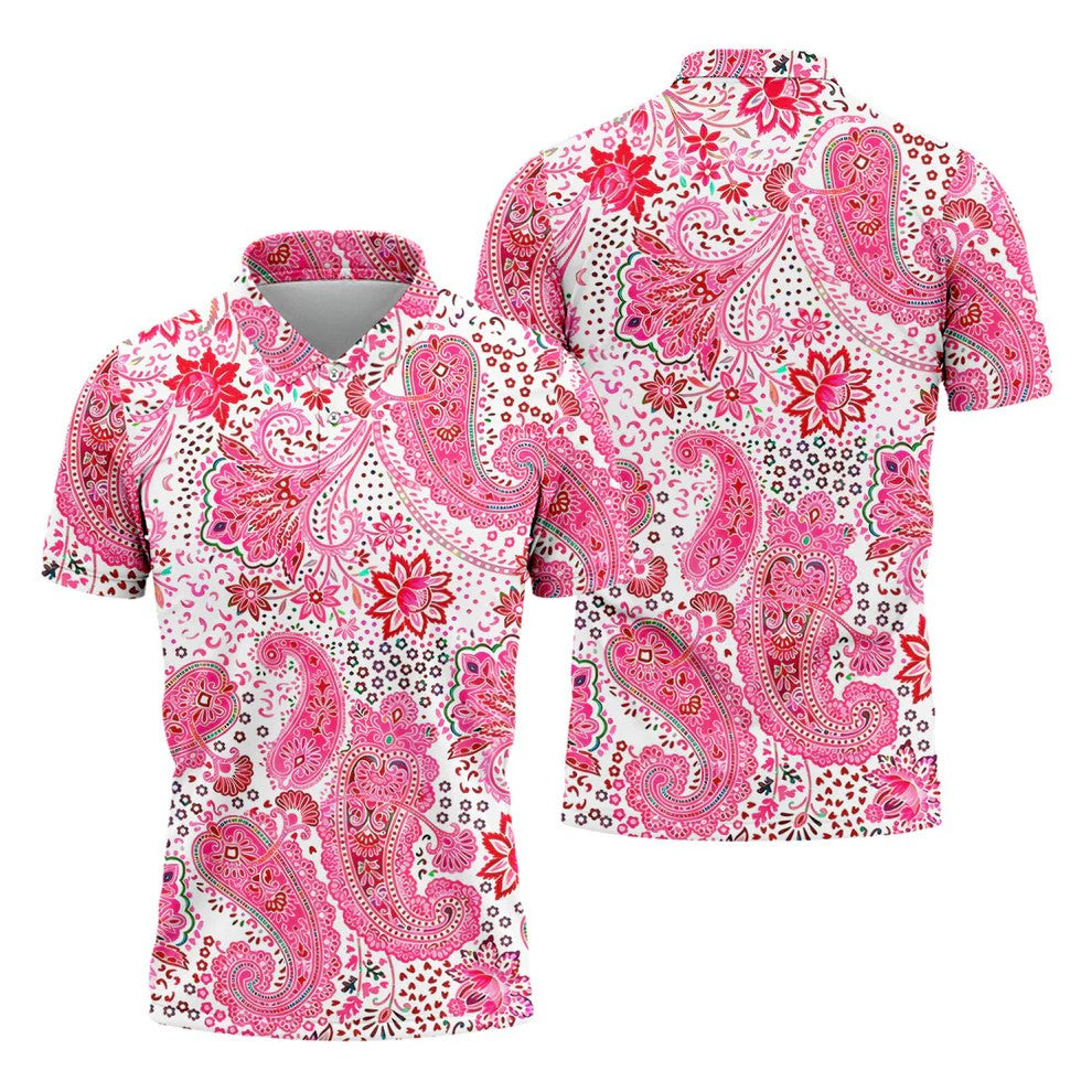 Pink Paisley Floral Pattern Golf Shirt, Mens Golf Shirts, Hawaiian Golf Shirt, Golf Apparel For Men