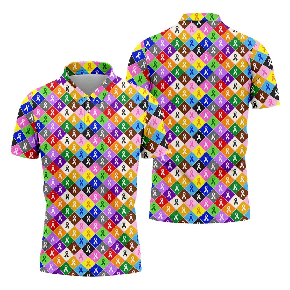 Colorful Awareness Ribbon Breast Cancer Golf Polo, Mens Golf Shirts, Printed Golf Shirts