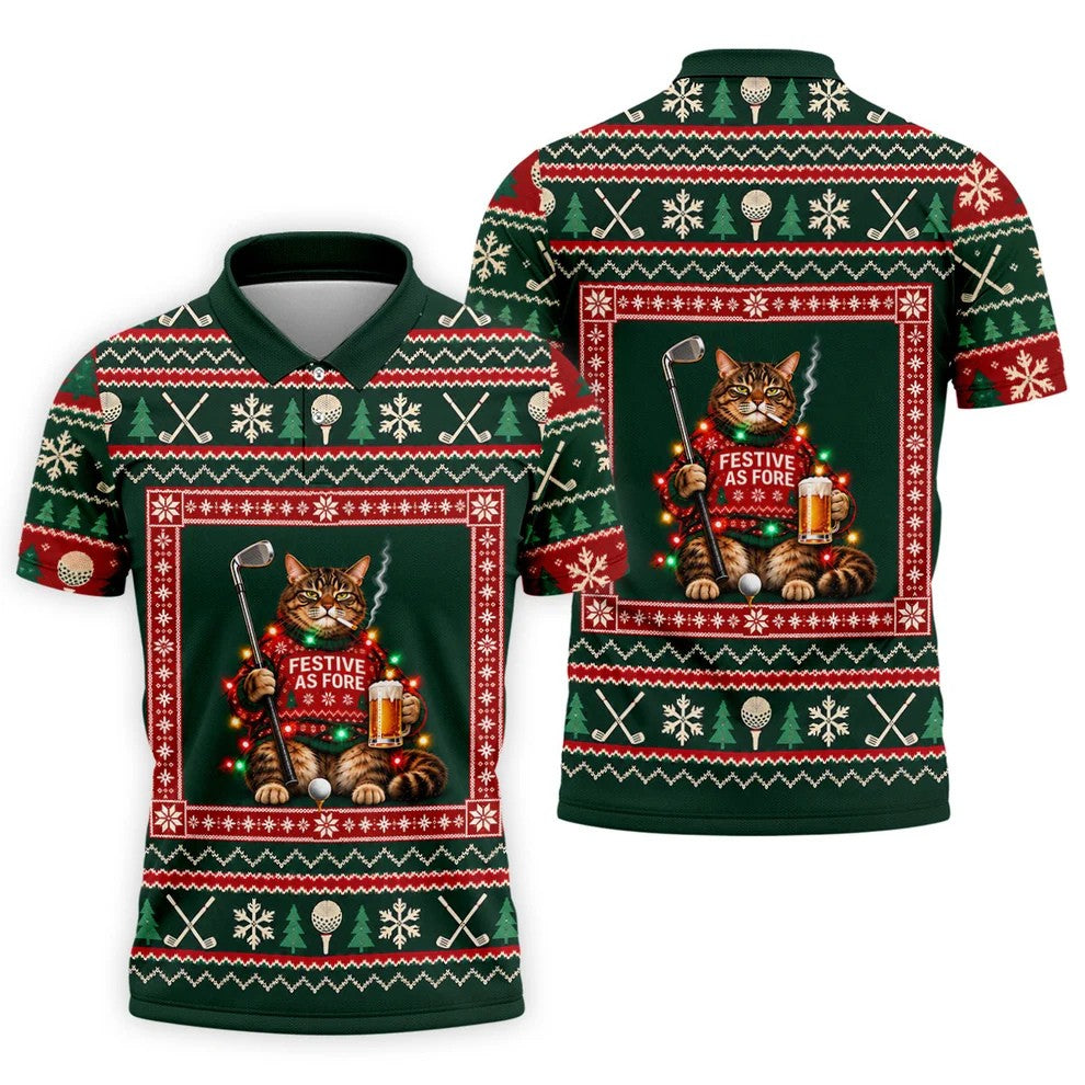 Festive As Fore Cat Beer Christmas Golf Shirt, Golf Gifts For Men, Mens Golf Clothing