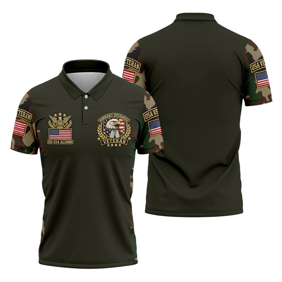 DD-214 Eagle Badge Olive Camo Polo Shirt, Men Golf Apparel, Veterans Day Golf Shirt