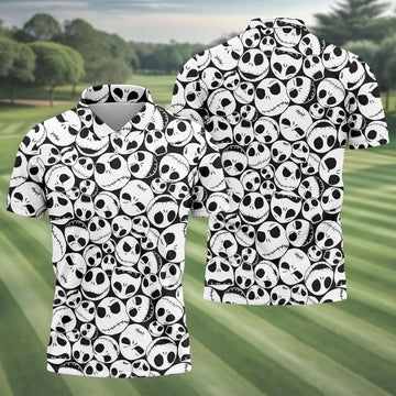 Horror Character Skull Face All Over Golf Polo Shirt, Golf Apparel For Men, Mens Polo Shirts