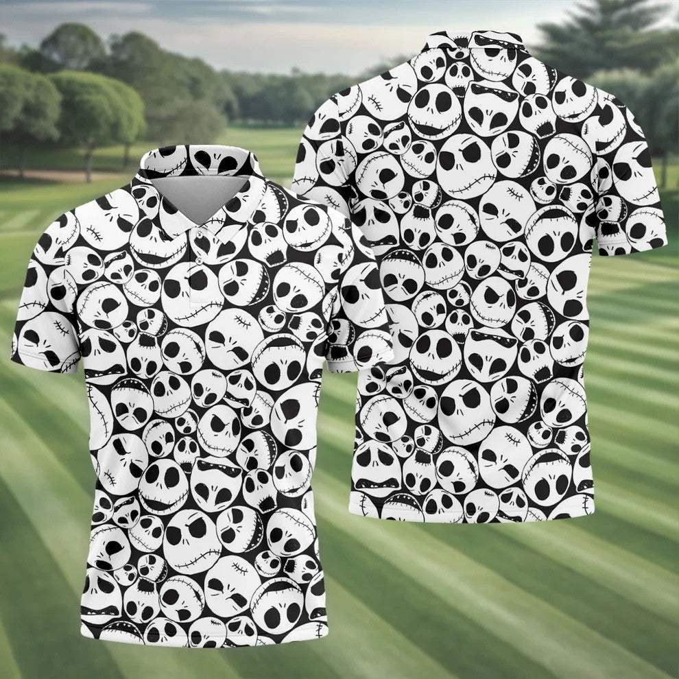 Horror Character Skull Face All Over Golf Polo Shirt, Golf Apparel For Men, Mens Polo Shirts