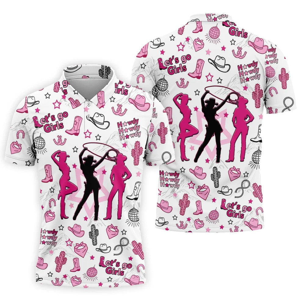 Pink Black Three Cowgirls Western Golf Polo Shirt, Mens Golf Polo, Golf Shirts For Men