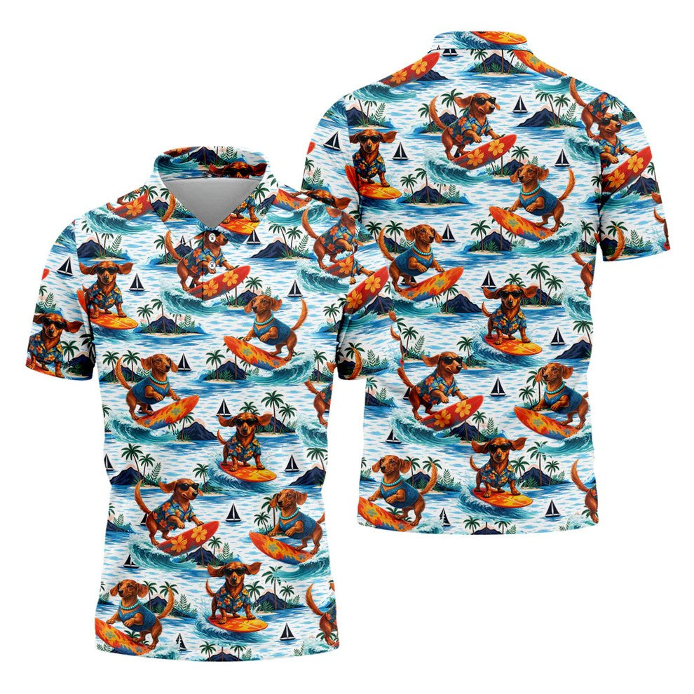 Funny Dachshund Surfing Beach Hawaiian Golf Shirt, Summer Vibe Golf Shirts For Men