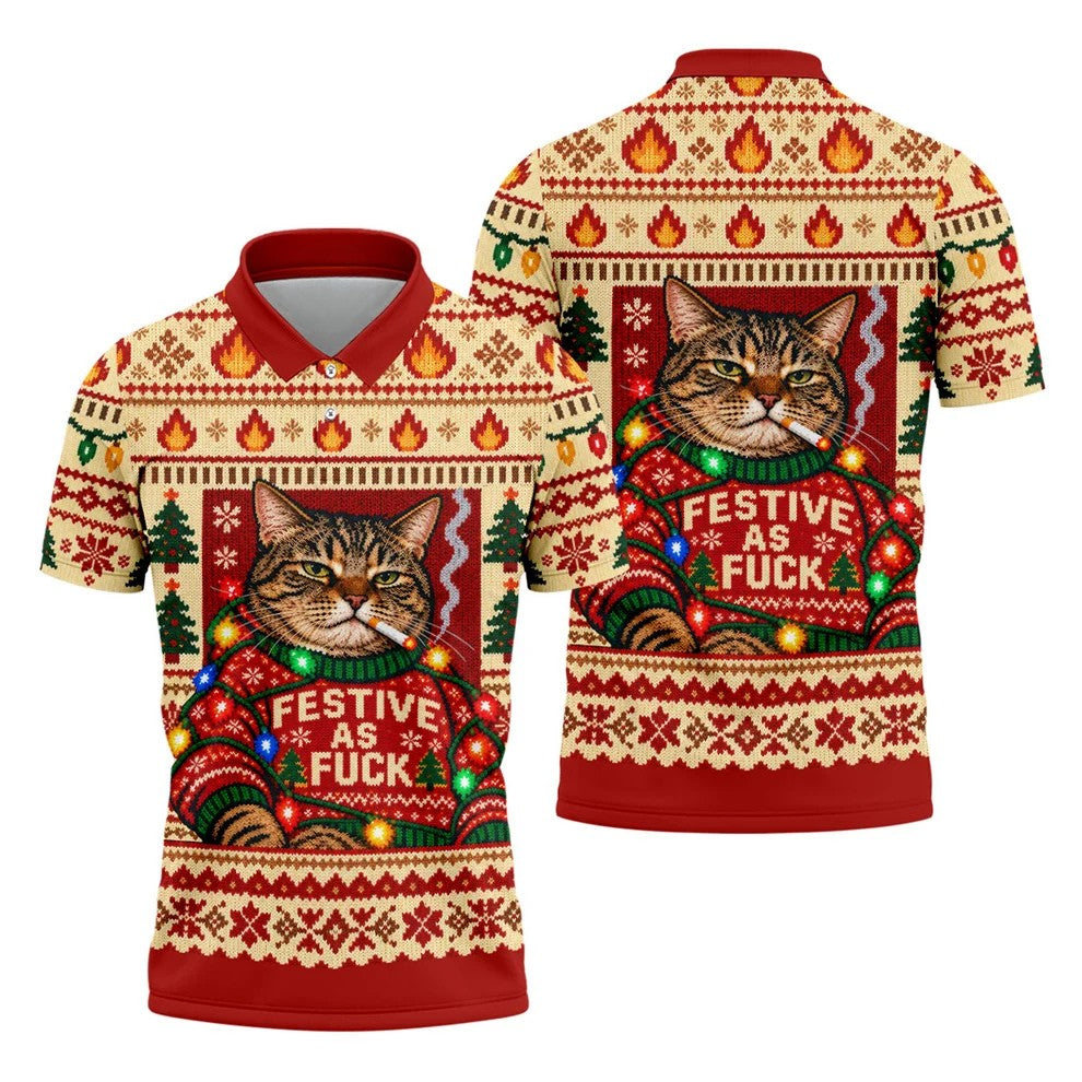 Red Festive As F*ck Cat Christmas Golf Shirt, Mens Golf Clothing, Golf Gifts For Men