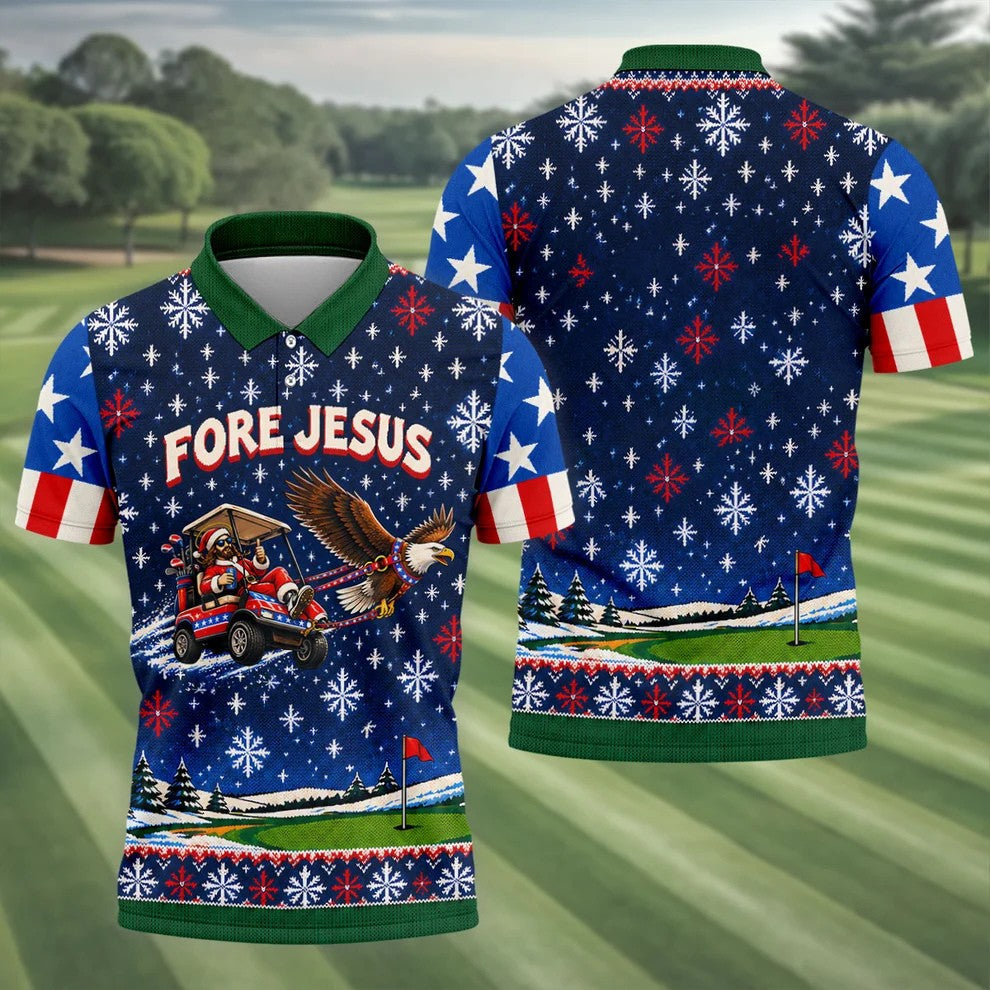 Fore Jesus Eagle Flag Christmas Golf Shirt, Golf Shirts For Men, Mens Golf Shirts