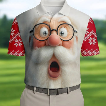 Surprised Funny Santa Claus Face Men's Golf Polo Shirts, Christmas Golf Shirt, Golf Gift For Men
