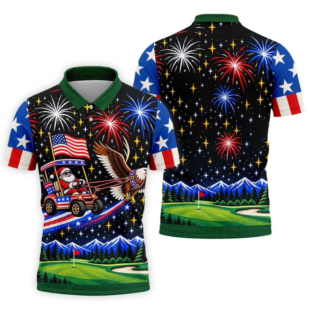 Eagle Santa Golf Cart Christmas Golf Shirt, Golf Polo For Men, Funny Mens Golf Shirts