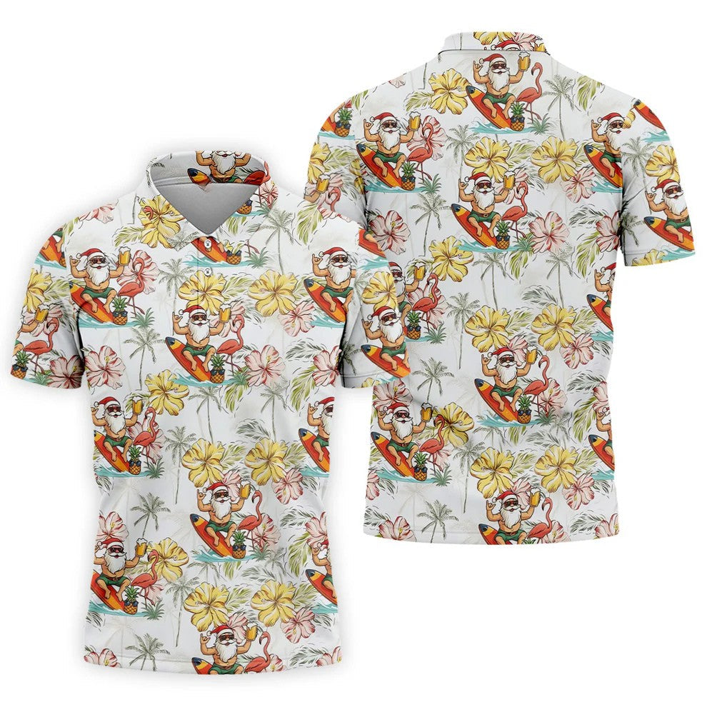 Surfing Santa Tropical Christmas Golf Polo Shirt, Golf Shirts For Men, Printed Golf Shirts