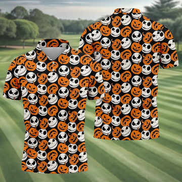 Halloween Skull Pumpkin Pattern Golf Polo Shirt, Men's Golf Shirt, Hawaiian Golf Shirt