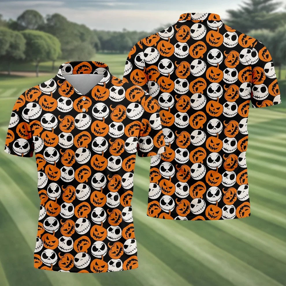 Halloween Skull Pumpkin Pattern Golf Polo Shirt, Men's Golf Shirt, Hawaiian Golf Shirt