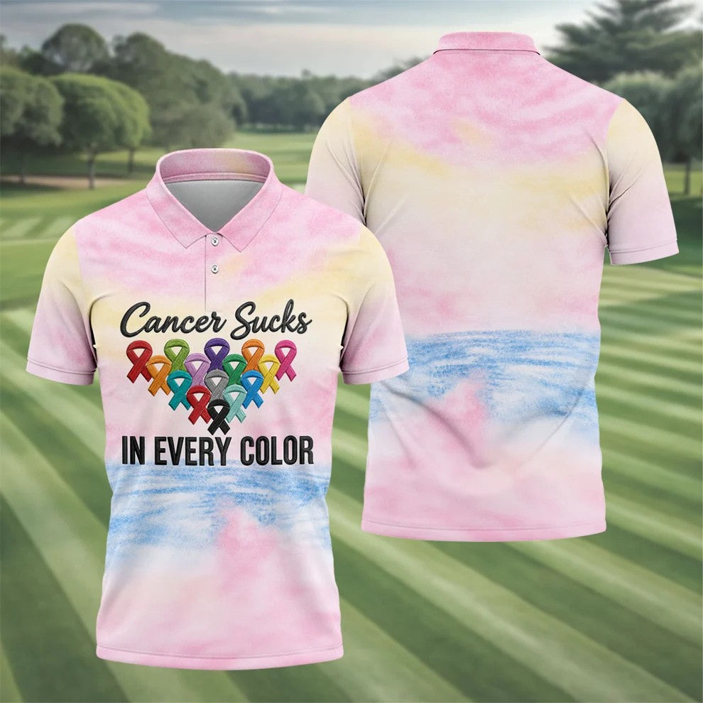 Cancer Sucks In Every Color Ribbon Polo Shirt, Mens Golf Polo, Printed Golf Shirts