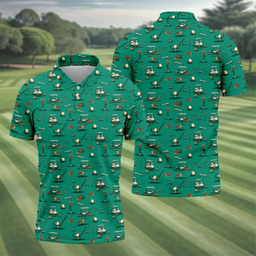 Funny Goose Golf Cart Pattern Green Polo Shirt, Men's Golf Shirt, Mens Golf Apparel