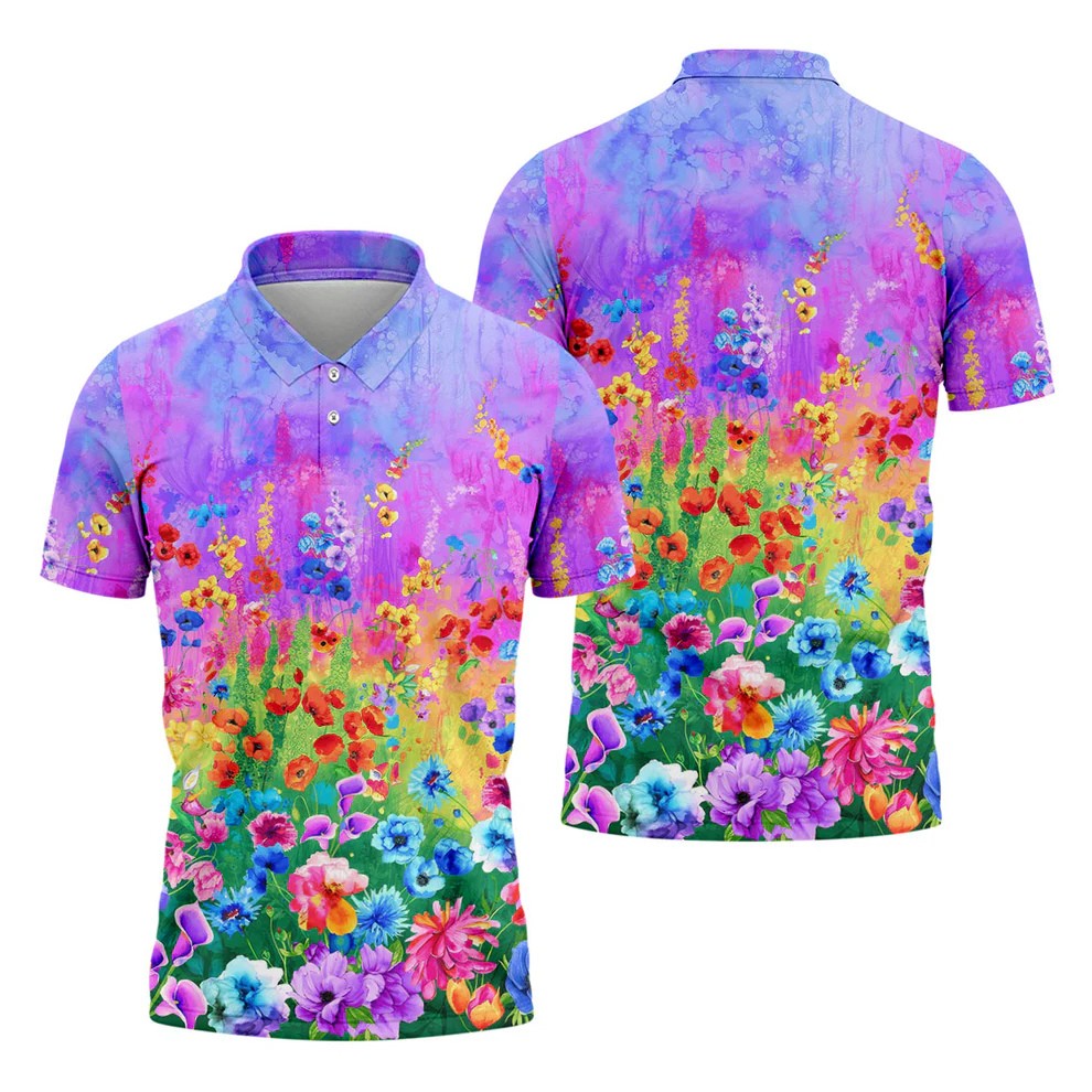 Colorful Abstract Floral Painting Golf Polo, Golf Tops For Men, Golfing Apparel