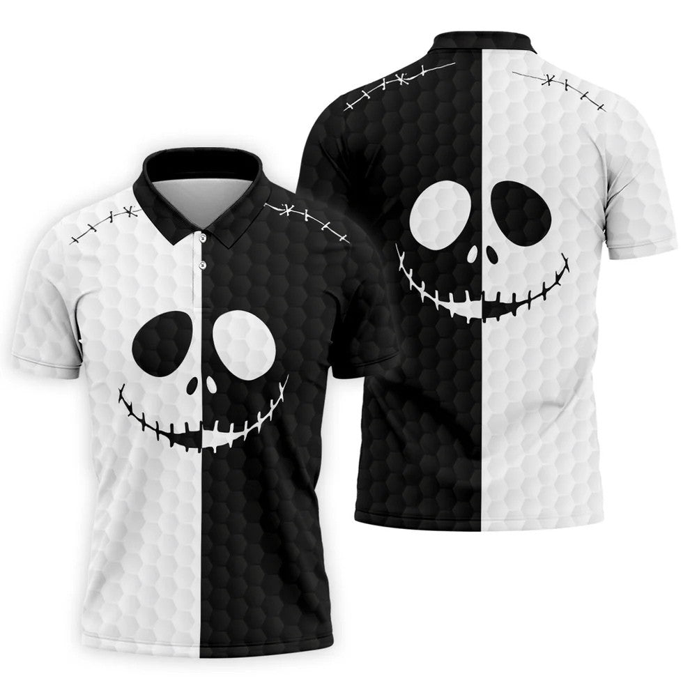 Black White Skull Face Halloween Golf Polo Shirt, Mens Golf Shirts, Golf Polo Shirts For Men