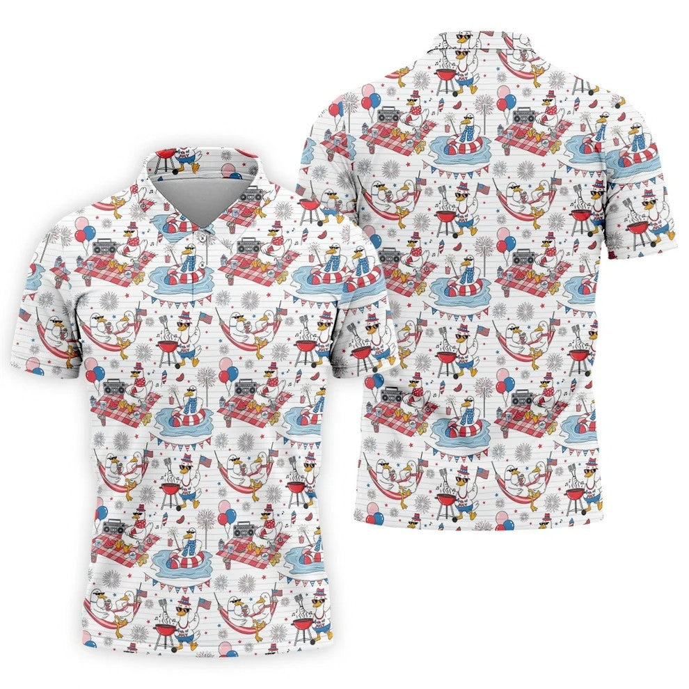 Funny Patriotic Duck Summer Party Polo Shirt, Mens Golf Polo, Golf Shirts For Men