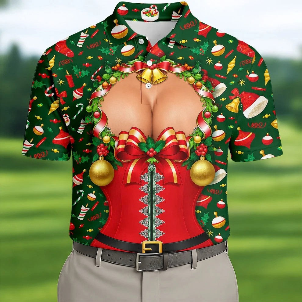 Festive Christmas Corset Bow Golf Polo Shirt, Christmas Golf Shirt, Mens Golf Apparel