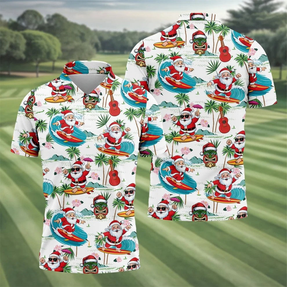 Tropical Christmas Surfing Santa Golf Polo Shirt, Mens Golf Polo, Golf Apparel For Men