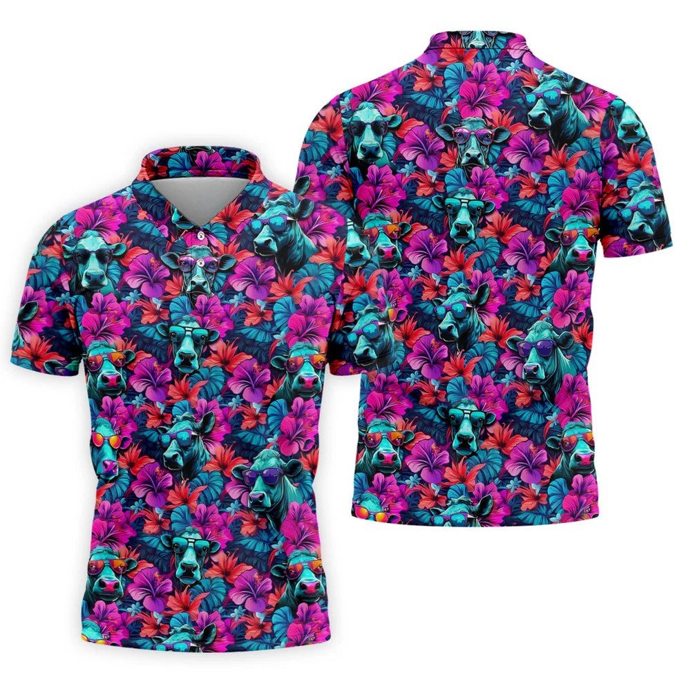 Funny Cow Wearing Sunglasses Tropical Golf Polo Shirt, Hawaiian Golf Shirt, Golf Shirts For Men