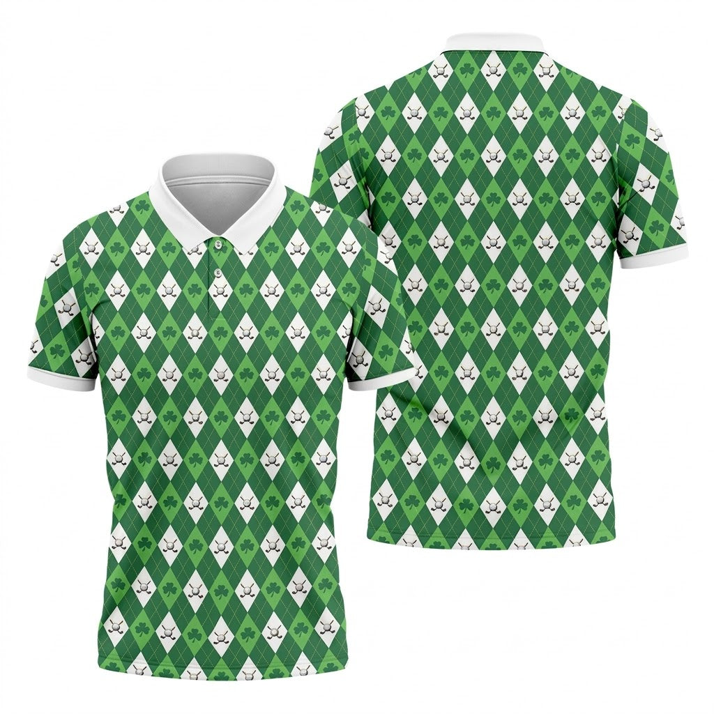 St Patrick's Day Shamrock Argyle Pattern Green And White Argyle Golf Shirt, Polo Shirts For Men, Golf Shirts For Men