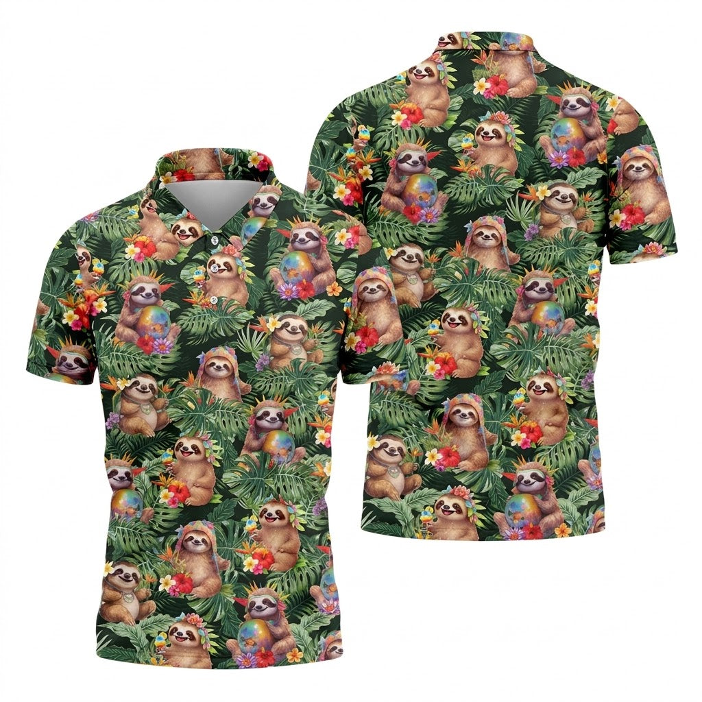 Funny Sloth Hawaiian Summer Golf Tops For Men, Hawaiian Golf Shirts, Polo Shirts For Men