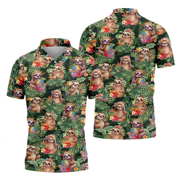 Funny Sloth Hawaiian Summer Golf Tops For Men, Hawaiian Golf Shirts, Polo Shirts For Men