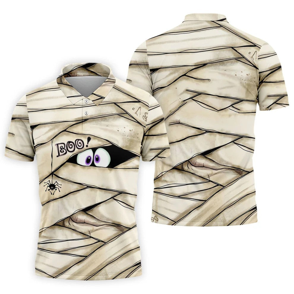 Cute Mummy Peeking Eyes BOO Halloween Golf Polo Shirt, Mens Golf Polo, Hawaiian Golf Shirt