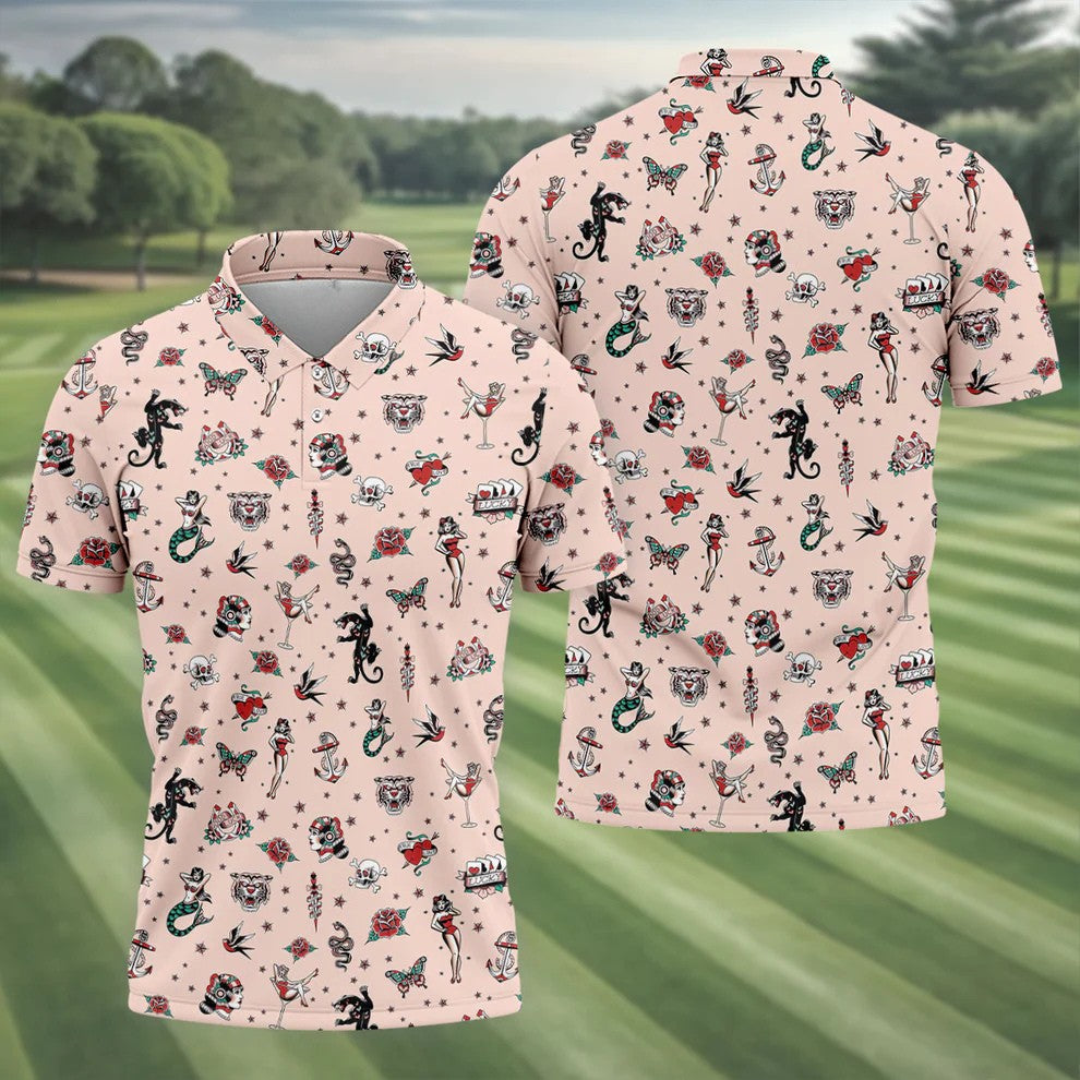 Vintage Tattoo Flash Icon Golf Polo Shirt, Golf Polo Shirts For Men, Mens Golf Apparel
