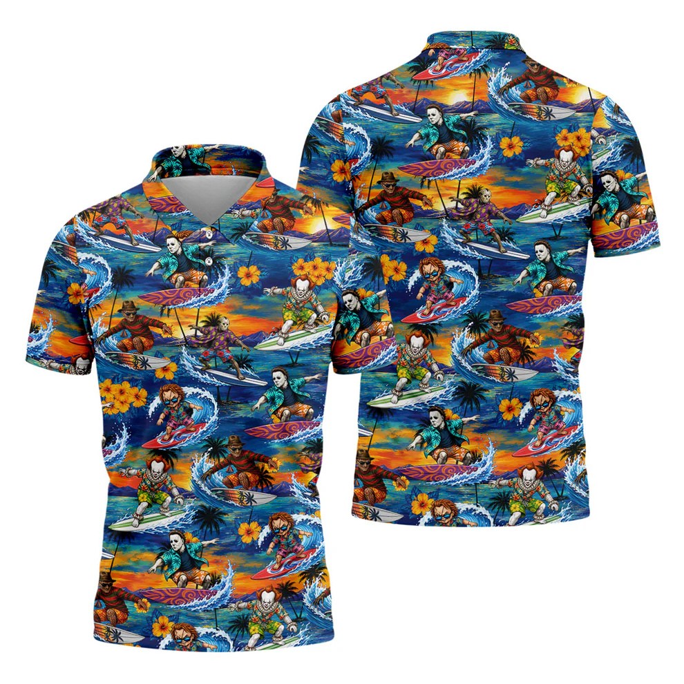 Retro Horror Character Villains Surfing Sunset Waves Golf Polo Shirt, Mens Golf Polo, Printed Golf Shirts