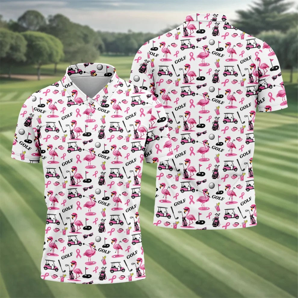 Pink Flamingo Golf Breast Cancer Polo Shirt, Golf Shirts For Men, Mens Golf Apparel