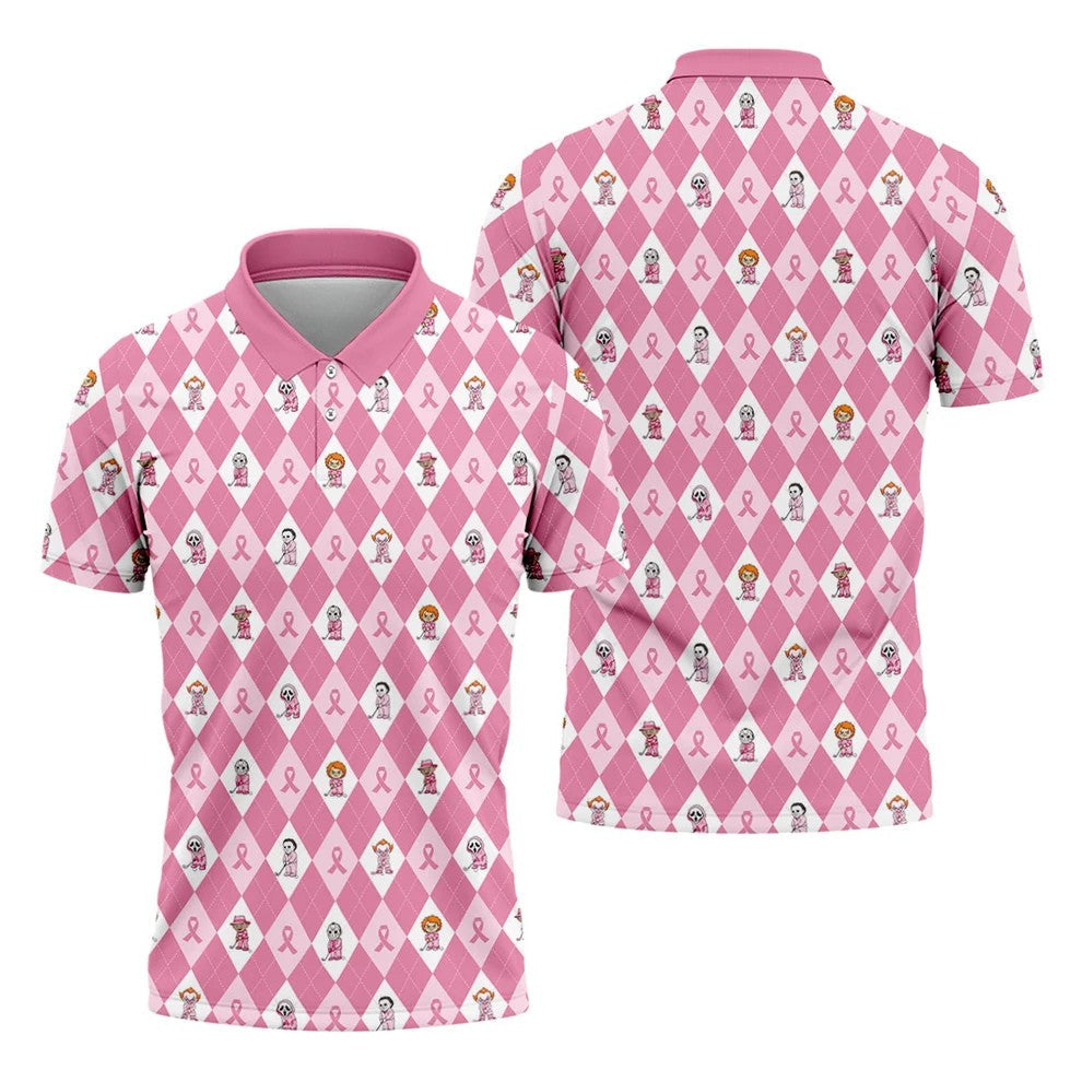 Pink Argyle Horror Character Breast Cancer Polo Shirt, Golf Shirts For Men, Mens Golf Shirts