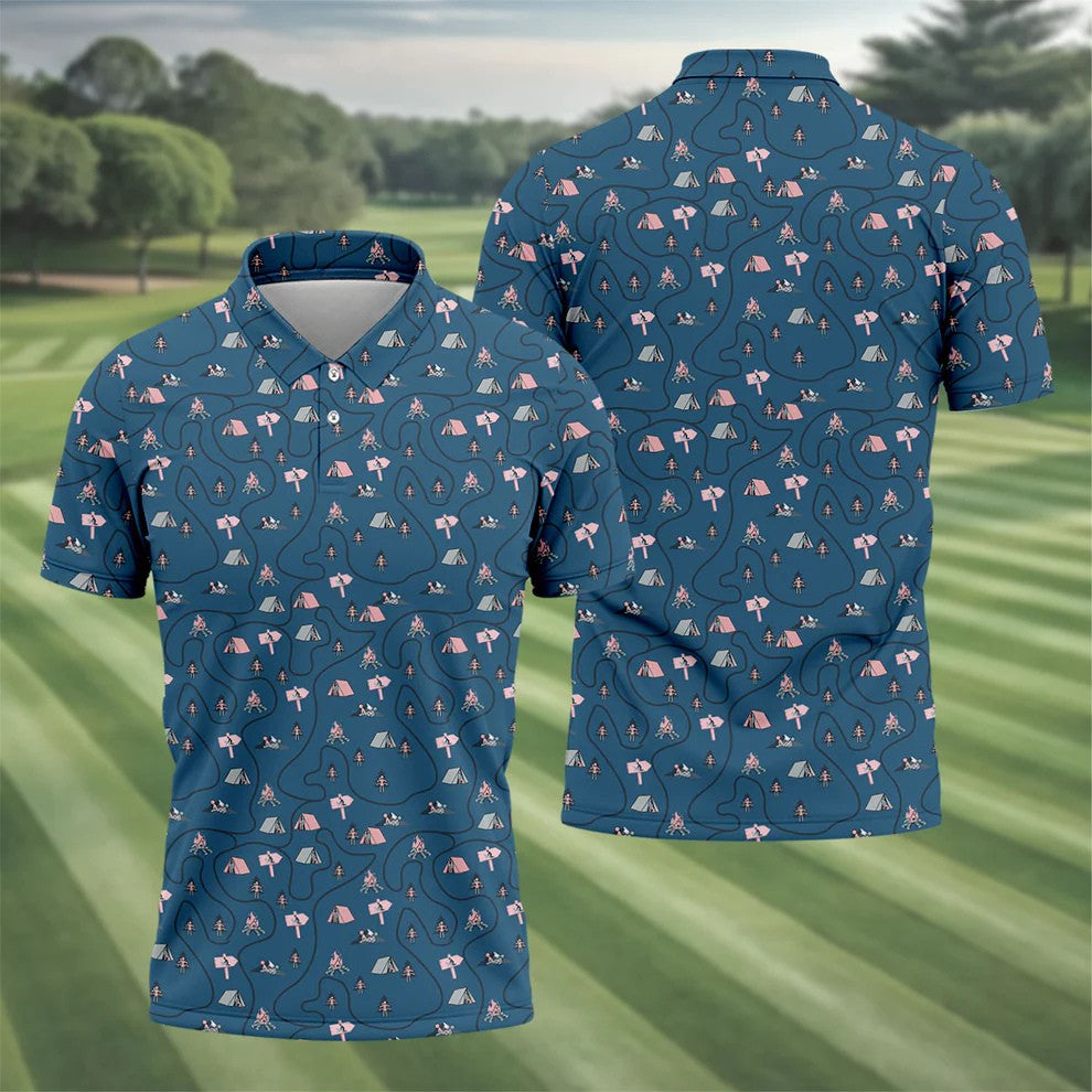 Funny Adult Camping Pattern Polo Shirt, Golf Polo Shirts For Men, Printed Golf Shirts