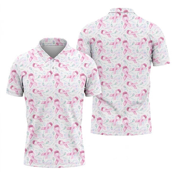 Pink Floral Breast Cancer Golf Shirt, Mens Golf Polo Shirts, White Polo ShirtMens, Golfing Apparel