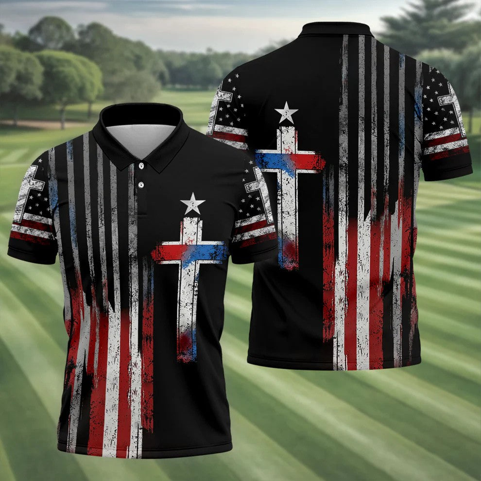 Faith Cross US Flag Golf Shirt, 250 Years Retro Golf Shirt, Patriotic 4th Of July Polo Shirts For Men
