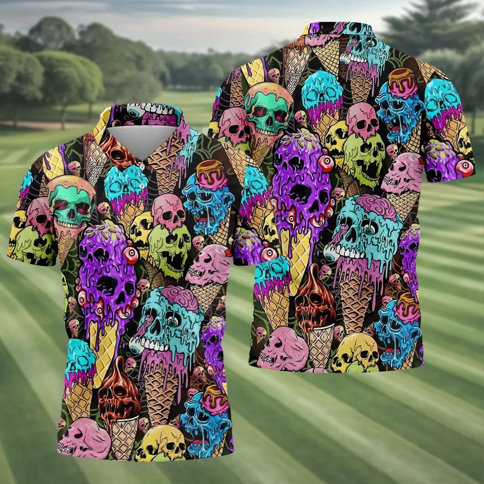 Melting Skull Ice Cream Halloween Golf Shirt, Golf Apparel For Men, Mens Golf Shirts