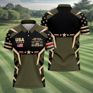 DD-214 USA Stars Camo Golf Polo Shirt, Veterans Day Shirt, Mens Golf Polo Shirts