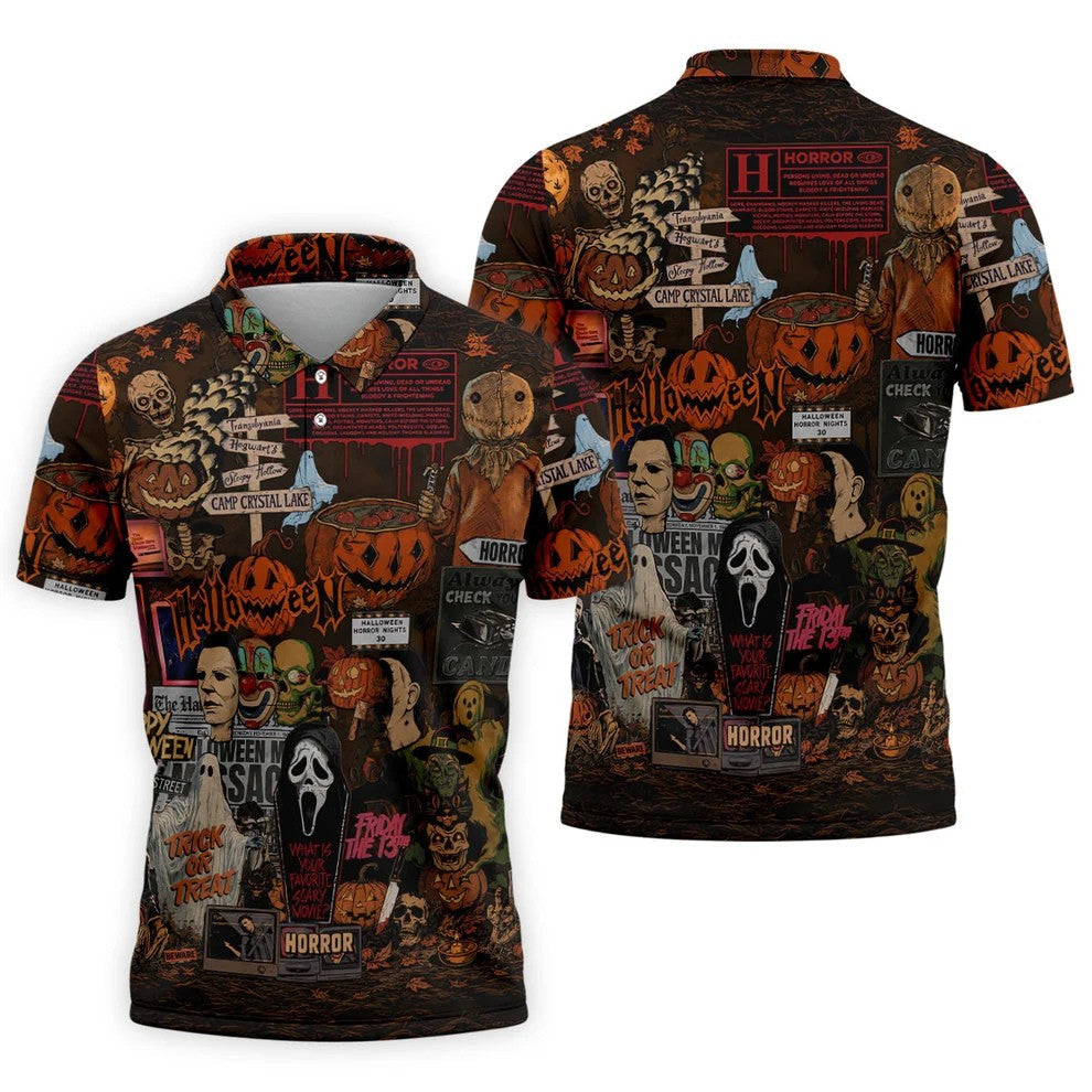 Horror Character Halloween Collage Golf Polo Shirt, Mens Golf Apparel, Polo Shirts For Men