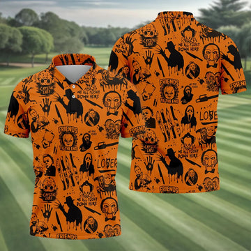 Orange Horror Character Icons Pattern Golf Polo Shirt for Halloween, Mens Golf Polo, Printed Golf Shirts
