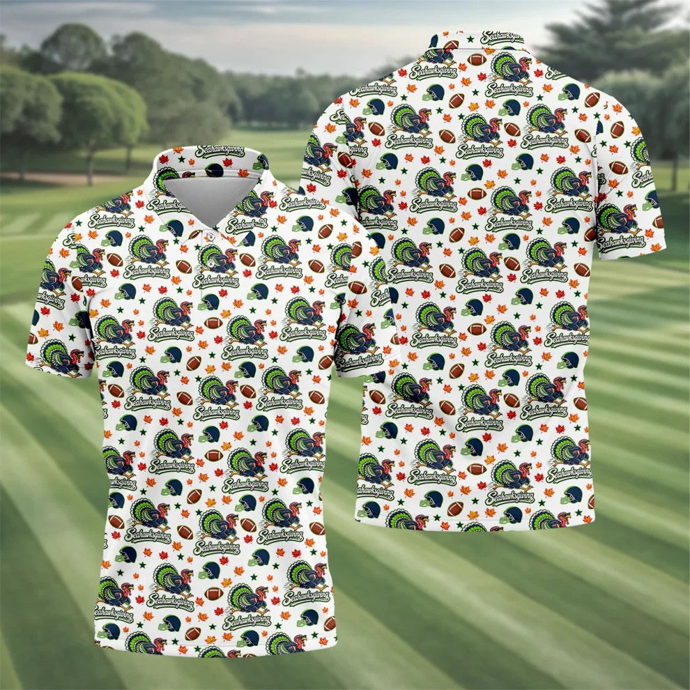 Seahawksgiving Thanksgiving Golf Shirt, Mens Golf Polo, Mens Holiday Golf Shirts