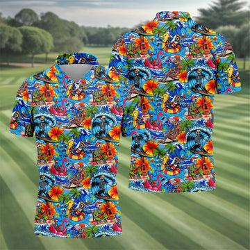 Blue Tropical Skeleton Surfer Pattern Golf Polo Shirt, Men's Golf Shirt, Golf Polo Shirts For Men