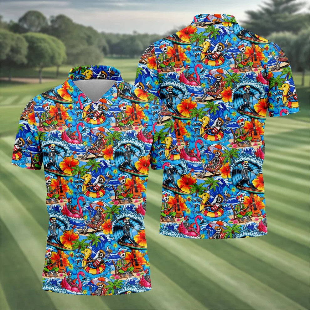 Blue Tropical Skeleton Surfer Pattern Golf Polo Shirt, Men's Golf Shirt, Golf Polo Shirts For Men