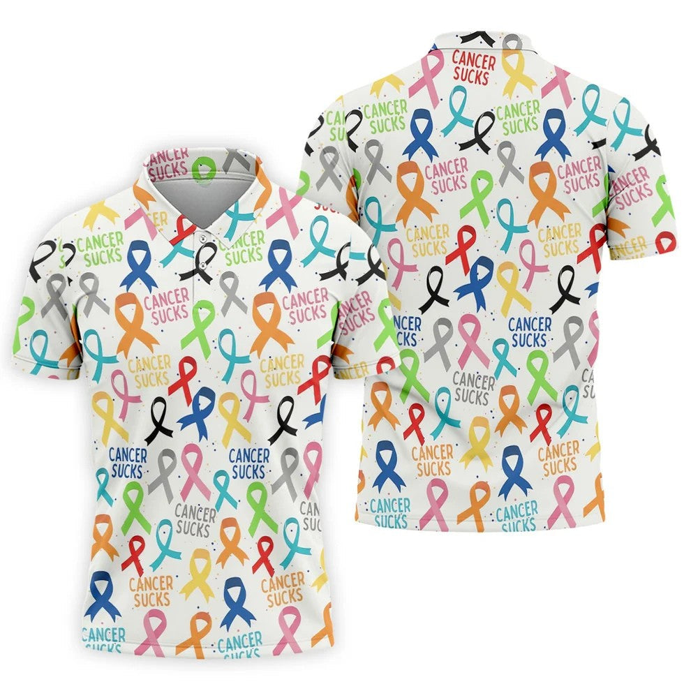 Cancer Sucks Multicolor Awareness Ribbon Polo Shirt, Mens Golf Polo, Printed Golf Shirts
