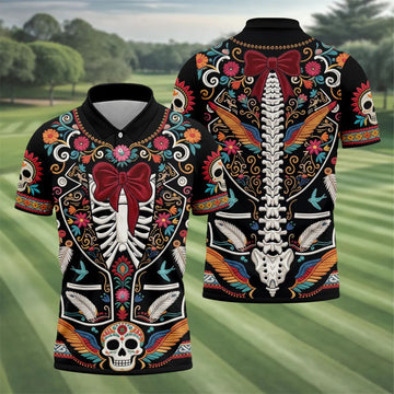 Skeleton With Flower Cinco De Mayo Celebration Golf Tops For Men, Fiesta Theme Golf Shirts For Men