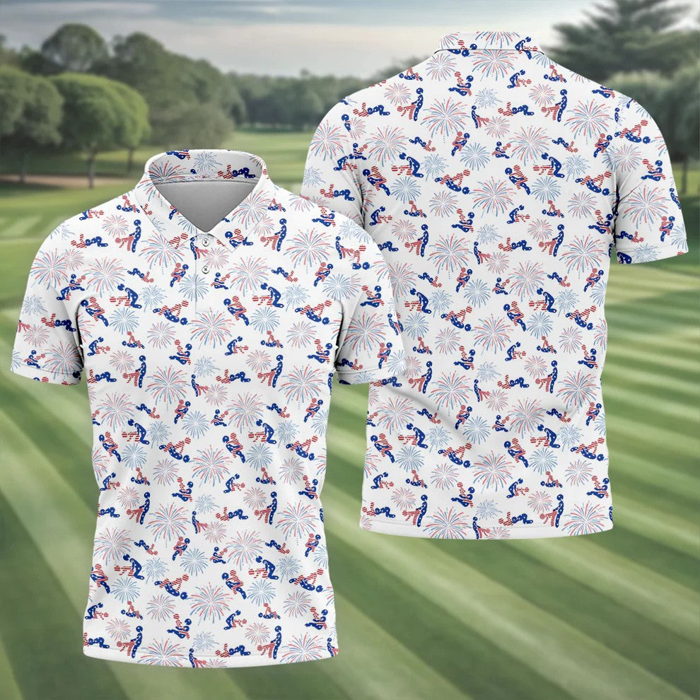 US Flag Pattern Naughty Couple Stick Figures Funny Golf Shirt, 250 Years Golf Shirts For Men
