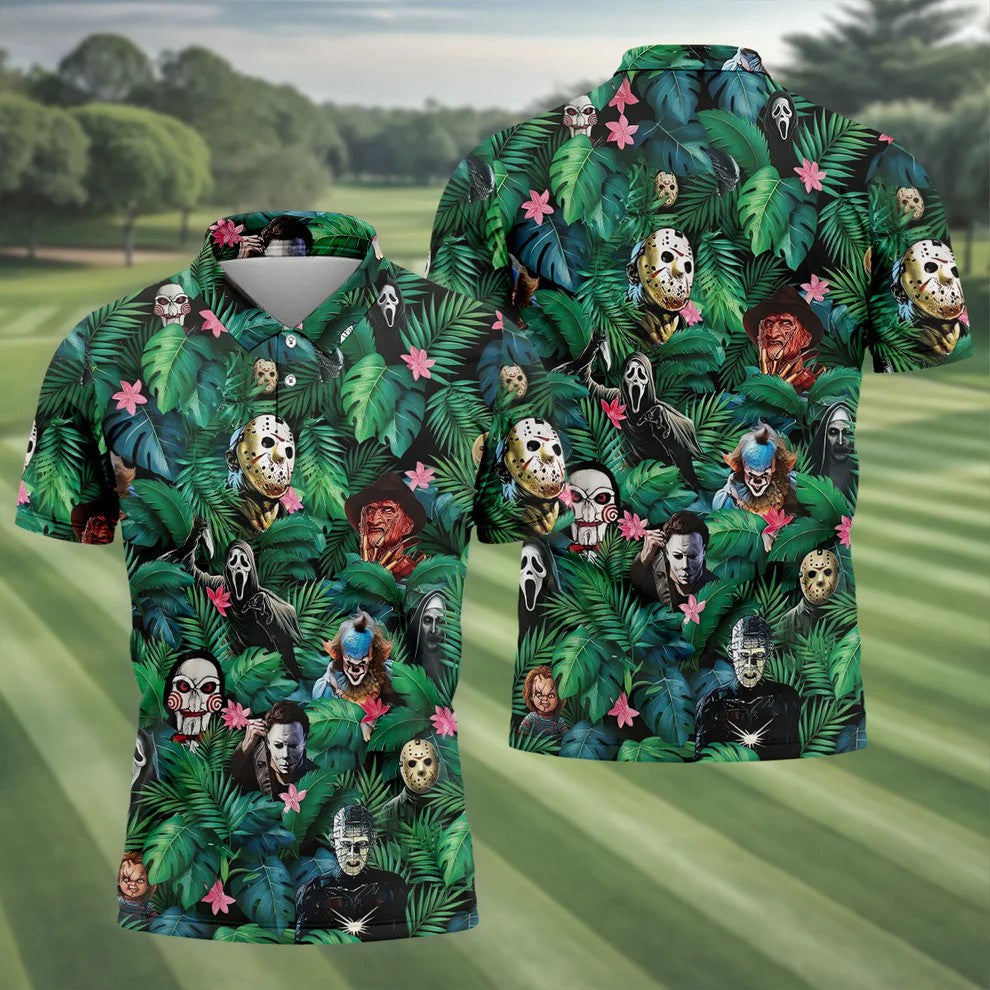 Tropical Horror Character Pattern Golf Polo Shirt, Mens Golf Shirts, Hawaiian Golf Shirt