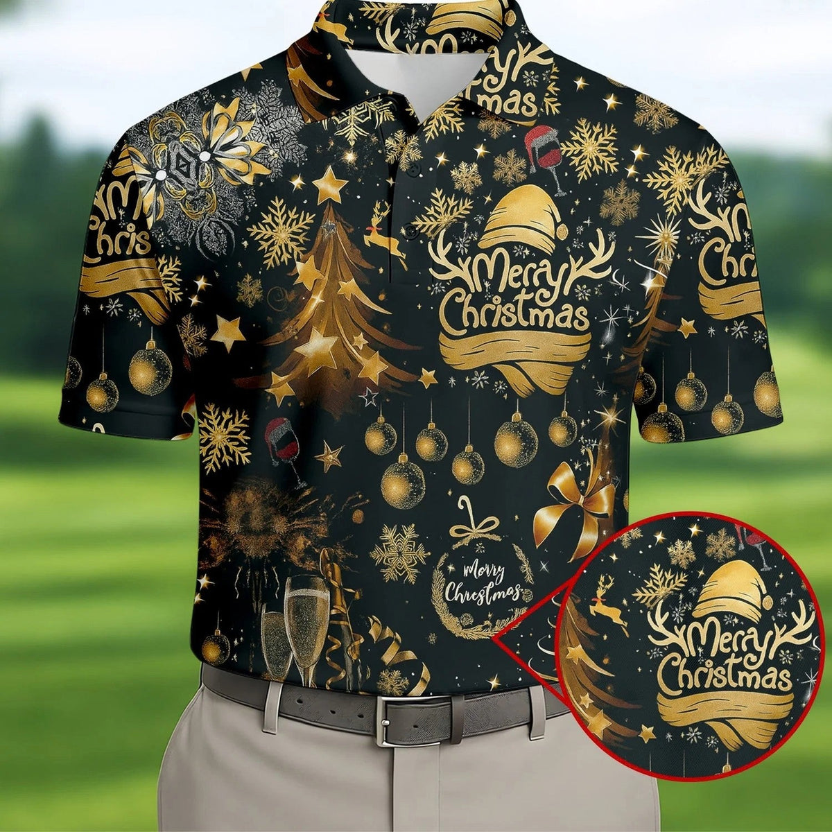 Champagne Golden Merry Christmas Men's Golf Polo Shirts, Christmas Golf Shirt, Golf Gift For Men