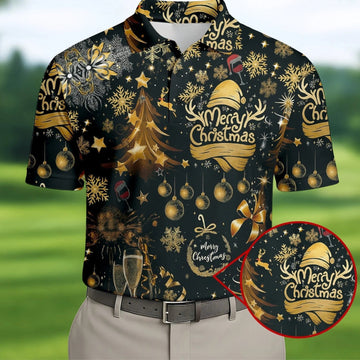 Champagne Golden Merry Christmas Men's Golf Polo Shirts, Christmas Golf Shirt, Golf Gift For Men