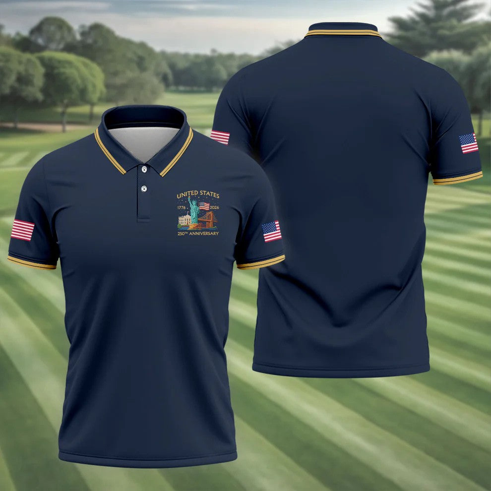 American Symbols Navy Patriotic Golf Shirt, US 250 Years 4th Of July Golf Shirts For Men