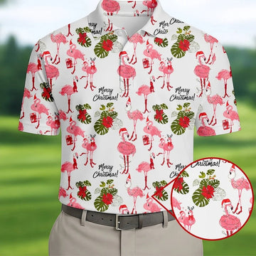Flamingo Merry Christmas Golf Shirt For Men, Christmas Golf Shirt Polos, Men Golf Apparel